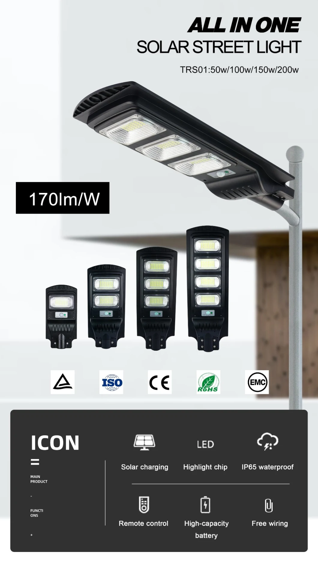 Aluminum Solar Panel Flood Road Outdoor Street Lighting Waterproof IP65 High Brightness LED Chips 50W 100W 150W 200W All in One Solar Street Light