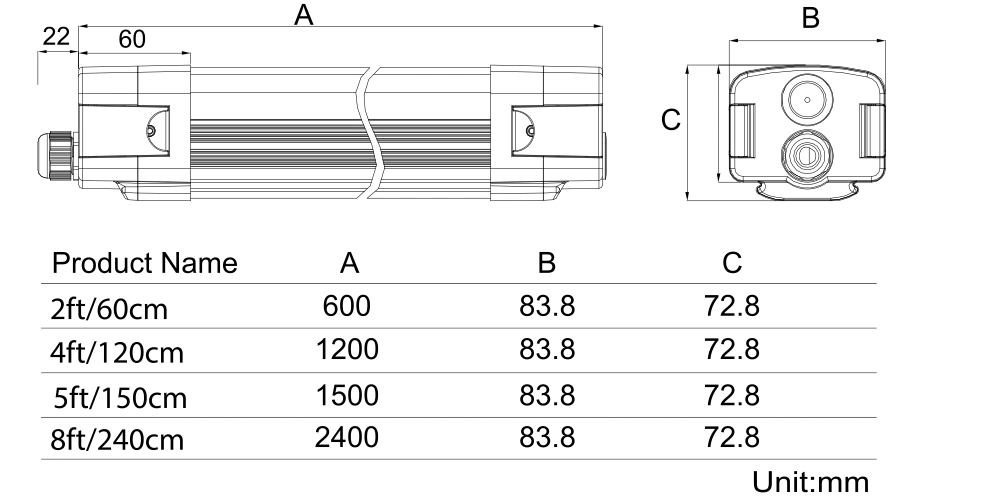 2FT 4FT 6FT 8FT IP65 LED Tube Light Replacment Vapor Tight Fixture